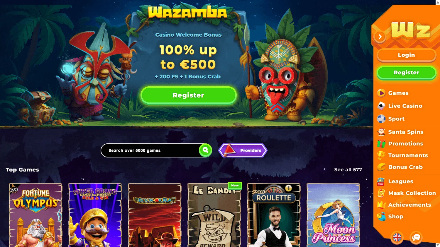 Wazamba Casino desktop home experience with casino offers and game categories
