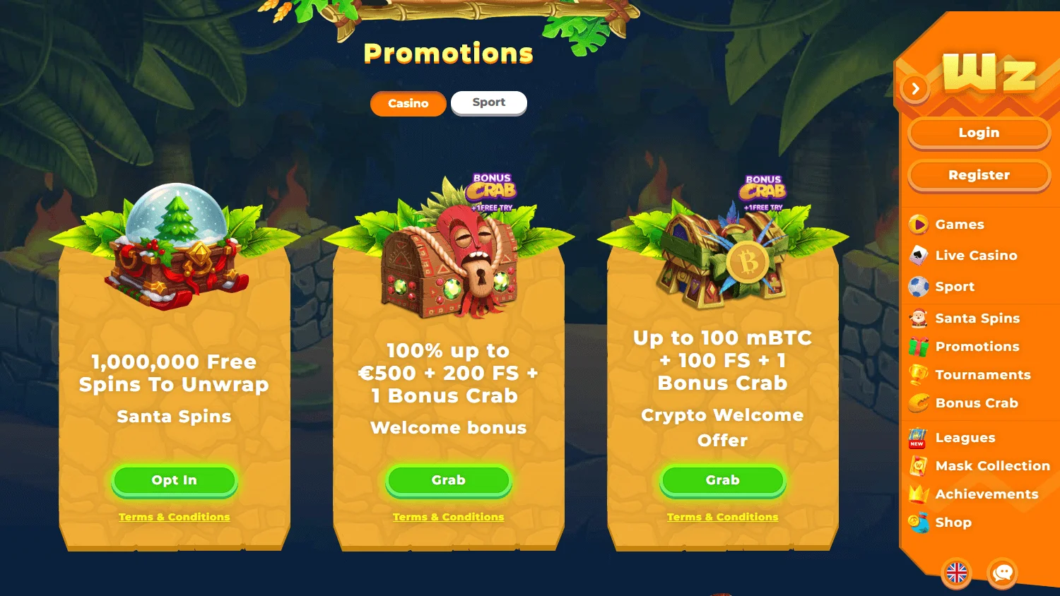 Wazamba Casino desktop promotions area with welcome and ongoing offers