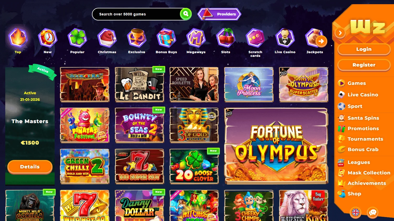 Wazamba Casino desktop games area with pokies, table games and live casino choices