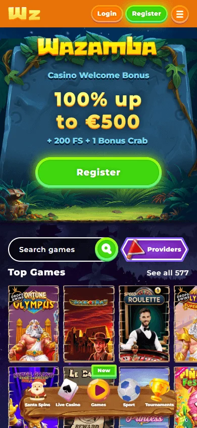 Wazamba Casino home experience opened in a mobile browser